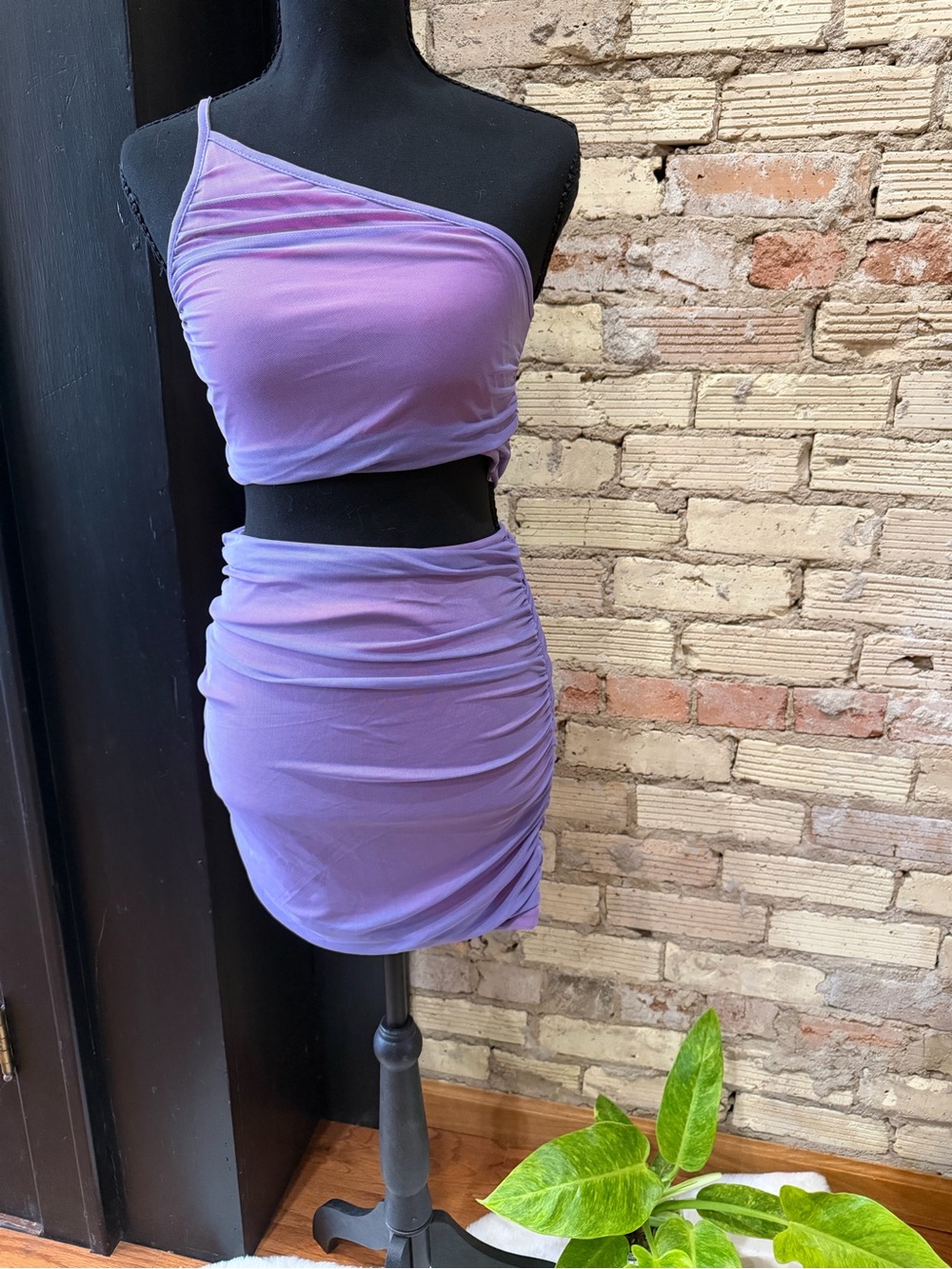 SHEIN Lavender Mesh One Shoulder Ruched 2 Piece Mini Skirt Set M